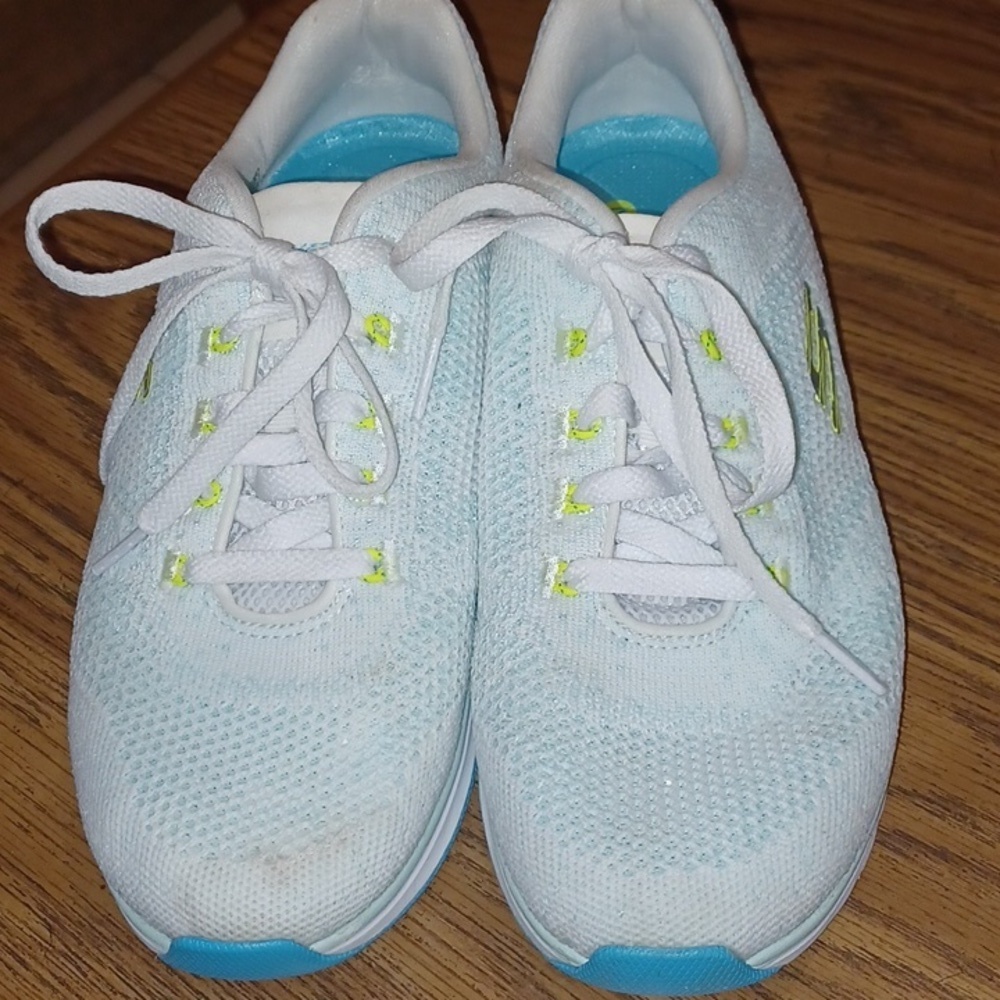Sketchers Memory Foam Sneakers,  white & turquoise,  size 9.5